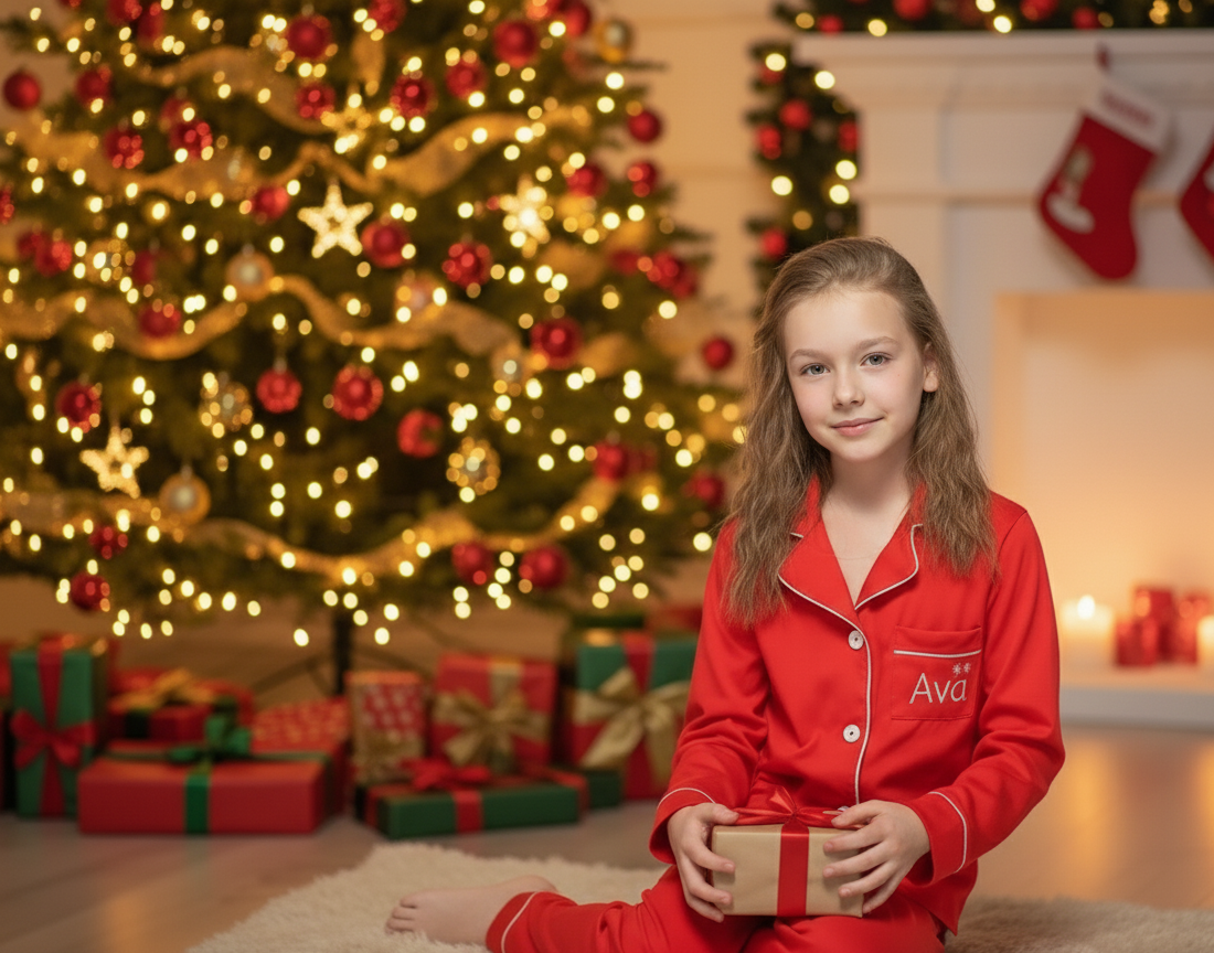An image of a young girl sitting on a fluffy white rug in front of a brightly lit Christmas tree. She is wearing personalised red pyjamas with white piping and a white printed name, "Ava," on the pocket. She is holding a small, wrapped gift and smiling gently at the camera. The background is a cosy, festive living room with a fireplace and Christmas stockings visible.