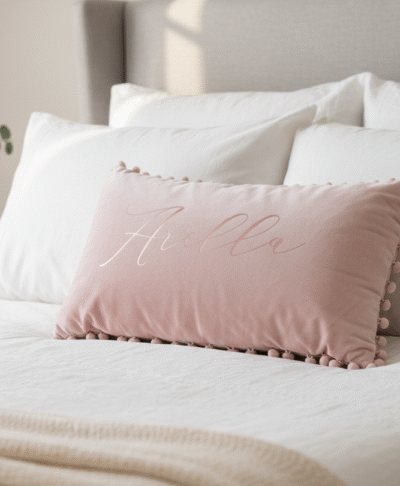 Personalised wedding gift cushion on a luxury bed. Features custom script text for newly married couples/brides to promote wedding favours, customised home decor, and bespoke wedding gifts.
