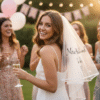Smiling bride to be wearing a stylish hen party veil with black custom personalisation, suitable for a bridal shower or hen party celebration