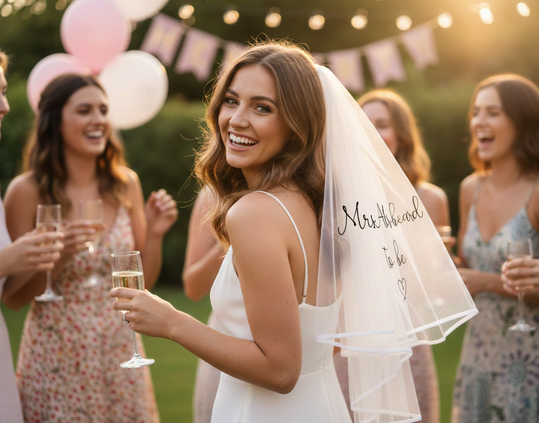 Smiling bride to be wearing a stylish hen party veil with black custom personalisation, suitable for a bridal shower or hen party celebration