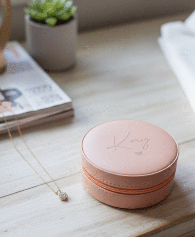 A close up of a small, round, pink leather look jewellery travel case with the name "Kay" and a small heart printed on the lid. The case is sitting on a light wood dresser next to a gold pendant necklace, a pair of diamond stud earrings, a folded white shirt, a stack of magazines, a small potted succulent, and a round mirror with a gold frame.