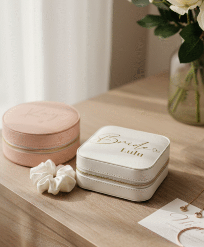 Personalised white bride jewellery box with gold zipper and gold 'Bride' text