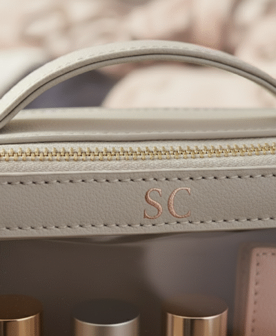 Close-up of personalised 'SC' initials on grey travel case