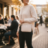 woman in a casual fall outfit (cream sweater, black jeans) wearing a subtle oyster ivory vegan leather crossbody bag, featuring gold personalised "LM" initials and heart, while standing outside a cafe.