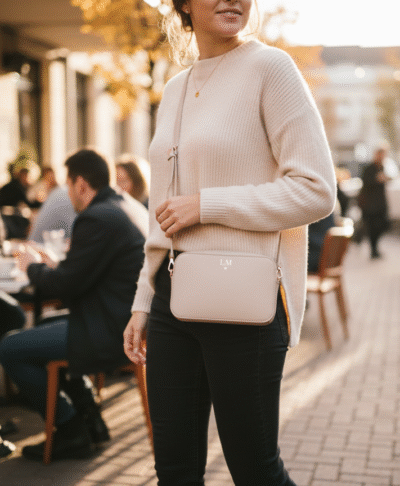 woman in a casual fall outfit (cream sweater, black jeans) wearing a subtle oyster ivory vegan leather crossbody bag, featuring gold personalised "LM" initials and heart, while standing outside a cafe.