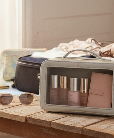 Monogrammed gray travel case open with clear window for cosmetics