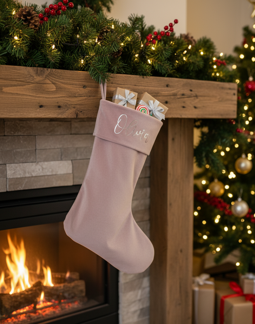 Luxury personalised pink velvet Christmas stocking with "Olivia" in silver script, filled with small gifts and hanging on a rustic wooden mantelpiece above a cosy fireplace. Festive holiday decor with a decorated Christmas tree in the background, perfect for custom Christmas gifts and home decoration.