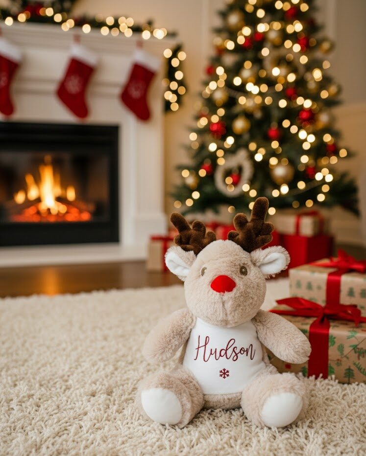 A small, light-brown reindeer teddy bear is sitting on a white, knitted surface, likely a blanket or rug. It has prominent antlers, large dark eyes, and a red and white striped scarf tied around its neck. The background is softly blurred but suggests a cozy, festive setting, possibly near a Christmas tree.
