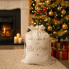 A cream velvet Christmas sack with gold text is placed on a light coluored floor next to a brightly lit, decorated Christmas tree. The sack is personalised with a name, and is surrounded by a few wrapped Christmas presents, creating a festive holiday scene.