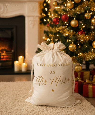 A cream velvet Christmas sack with gold text is placed on a light coluored floor next to a brightly lit, decorated Christmas tree. The sack is personalised with a name, and is surrounded by a few wrapped Christmas presents, creating a festive holiday scene.