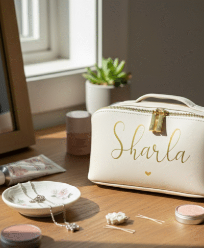 Personalised ivory vegan leather makeup bag or jewellery travel case with the name 'Sharla' in gold script, styled on a wooden vanity with luxury cosmetics and a silver necklace.