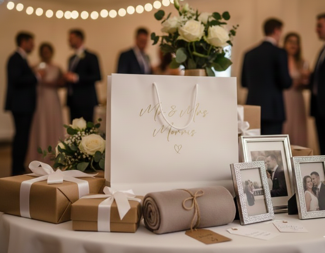 A large, matt white gift bag with matching handles sits in the foreground, surrounded by wedding related gifts on a white table.