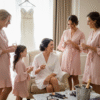 Bride and bridesmaids in personalised satin ruffle robes getting ready on wedding morning. Custom wedding robes are light pink with monogrammed names, ideal for bridesmaid gifts and pre-ceremony photos.