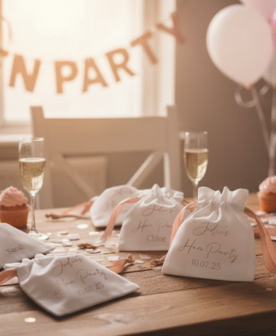 Custom personalised hen party pouches, white with rose gold lettering, featuring the date 10.07.25, laid out as party favours on a table with confetti and decorations.