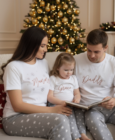 A cosy, festive Christmas lifestyle image showing a mother, father, and daughter sitting together on a large, comfortable sofa in a living room decorated for the holidays. They are all wearing matching short-sleeved white t-shirts and full-length grey pyjama trousers with a white star pattern. The background features a beautifully lit Christmas tree and a fireplace with a lit fire. The family is smiling and enjoying a moment together.