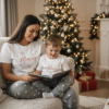 A warm, Christmas lifestyle image of a mother and her young son, Blake, sitting closely on a cosy sofa, reading a book together in front of a brightly lit Christmas tree and a decorated fireplace. They are both wearing matching white and grey star patterned pyjamas. The mother's shirt says "Mummy" and the boy's shirt says "Blake." The room is decorated for the holidays, creating a festive and intimate scene.