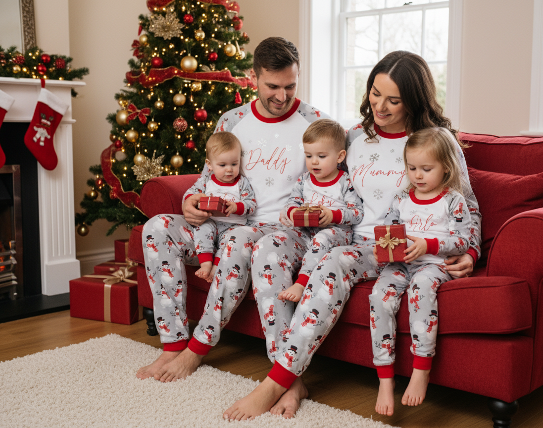 A joyful family of five, including a mom, dad, and three young children, are sitting together on a red couch in a cosy, festive living room on Christmas morning. They are all wearing matching pyjamas with white tops and grey trousers patterned with snowmen and Christmas elements. The mom's shirt says "Mummy" and the dad's says "Daddy." The children's shirts are white with red trim. They are smiling, opening gifts, with a beautifully decorated Christmas tree, a fireplace with stockings, and more presents surrounding them.
