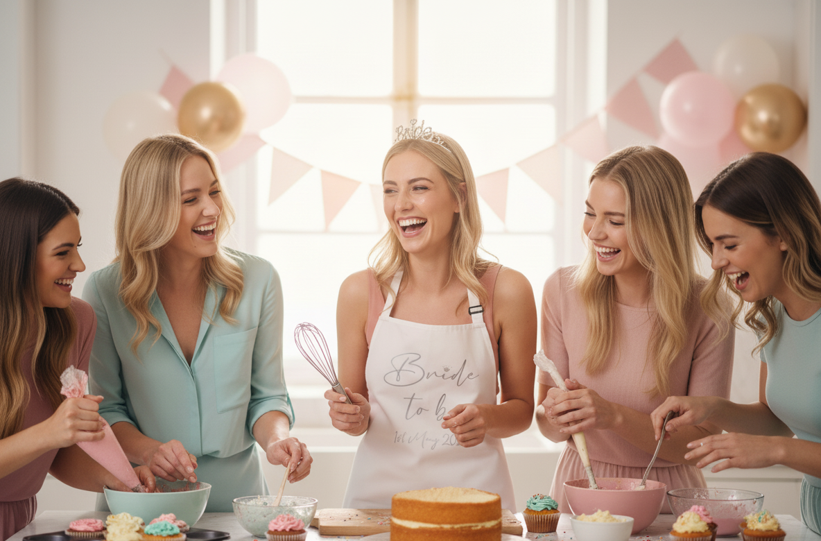 Bride to be wearing 'Bride to be' apron cooking with friends at hen party bake off
