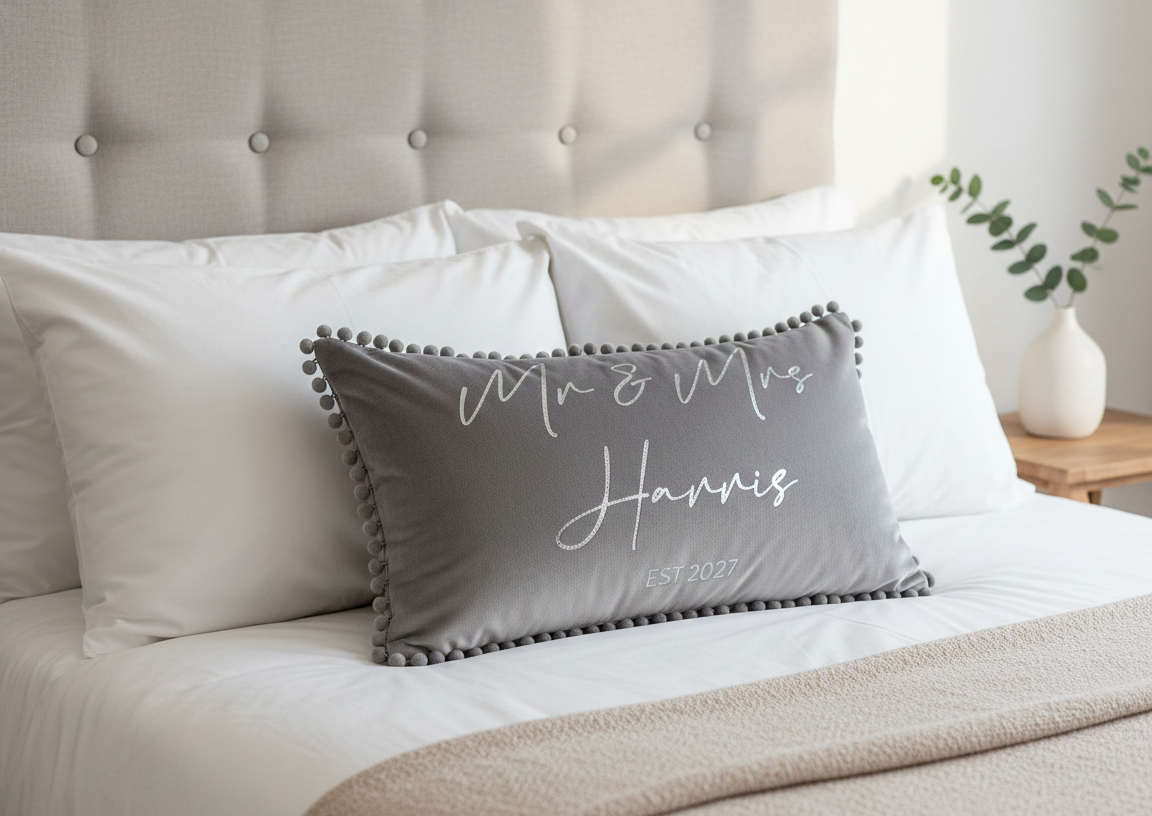 Grey personalised ‘Mr & Mrs Harris’ decorative cushion with pom-pom trim displayed on a neatly made bed with white pillows and neutral bedroom decor.