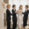 Four bridesmaids in matching black and ivory bridal pajama sets toast with champagne glasses in a bright, modern hotel suite.