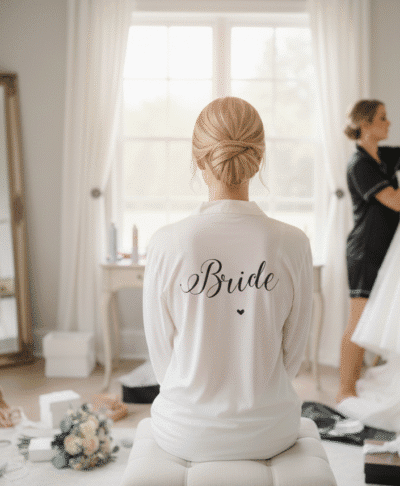 Back view of a bride sitting on a plush stool during her wedding morning, wearing ivory personalised pyjamas with 