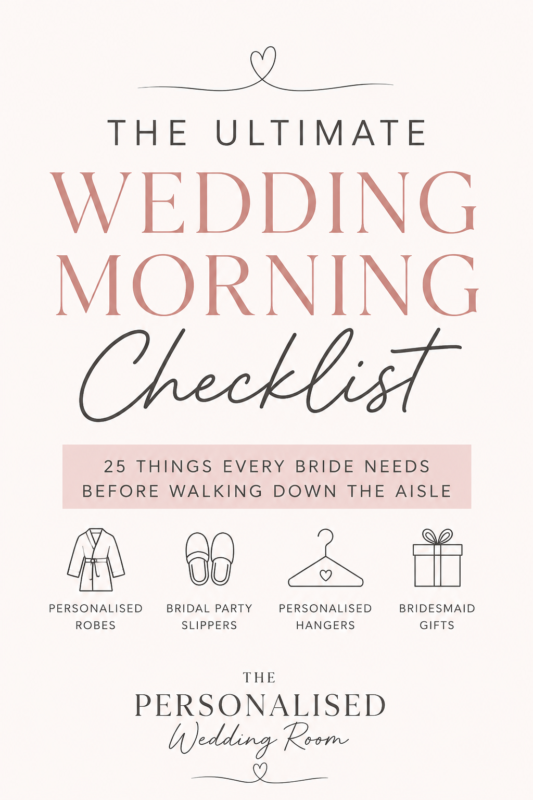 Wedding morning checklist essentials including personalised bridal robes, bridesmaid gifts, wedding hangers and bridal party slippers.